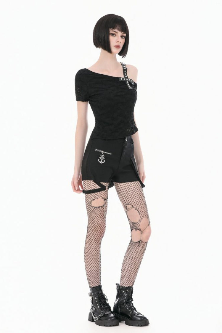 Black Off Shoulder Short Sleeves Studded Cross Straps Asymmetric Women's Punk Top - Product - 11