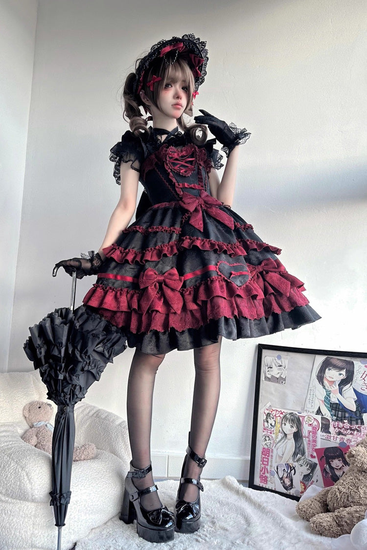 Black/Red [Super Cute Belia] Sleeveless Triple-Layered Ruffle Bowknot Lace Gothic Elegant Lolita Jsk Dress - Black/Red - 1