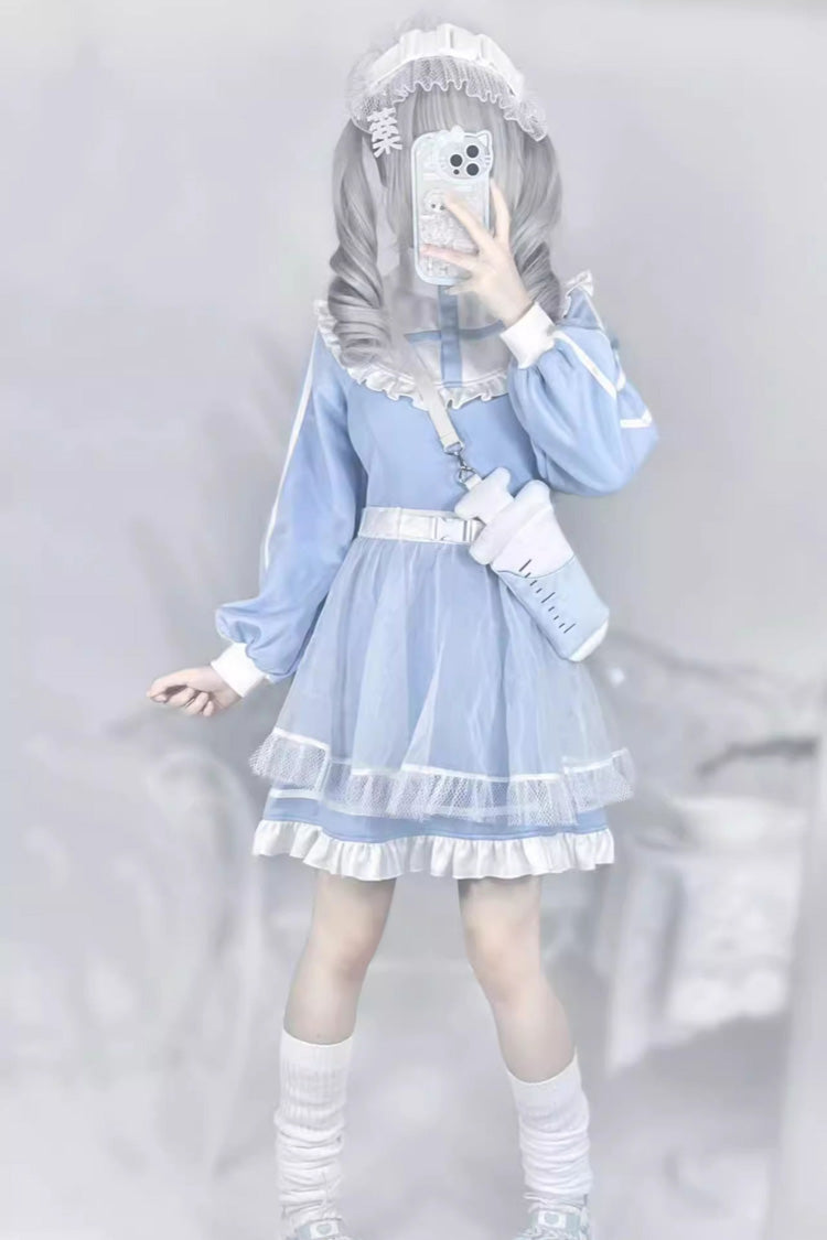 Blue Cross Angel Long Sleeves Ruffle Sweet Jirai Kei Japanese Dress - Product - 5