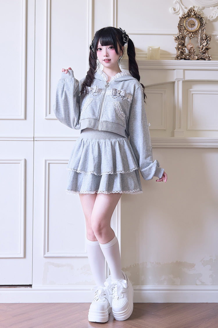 Sweet Long Sleeves Bowknot Lace Hooded Jirai Kei Hoodie Skirt Set 3 Colors - Product - 2