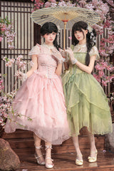 [Fragrance] Stand Collar Short Sleeves Multi-Layered Printed Ruffled Bow Lace Irregular Chinese Style Sweet Lolita Dress 2 Colors (Green, Pink) - Product - 5