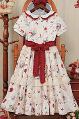 White Apple Tea Print Short Sleeves Country Style Ruffle Bowknot Sweet Lolita Dress (Plus Size Version) - Product - 15