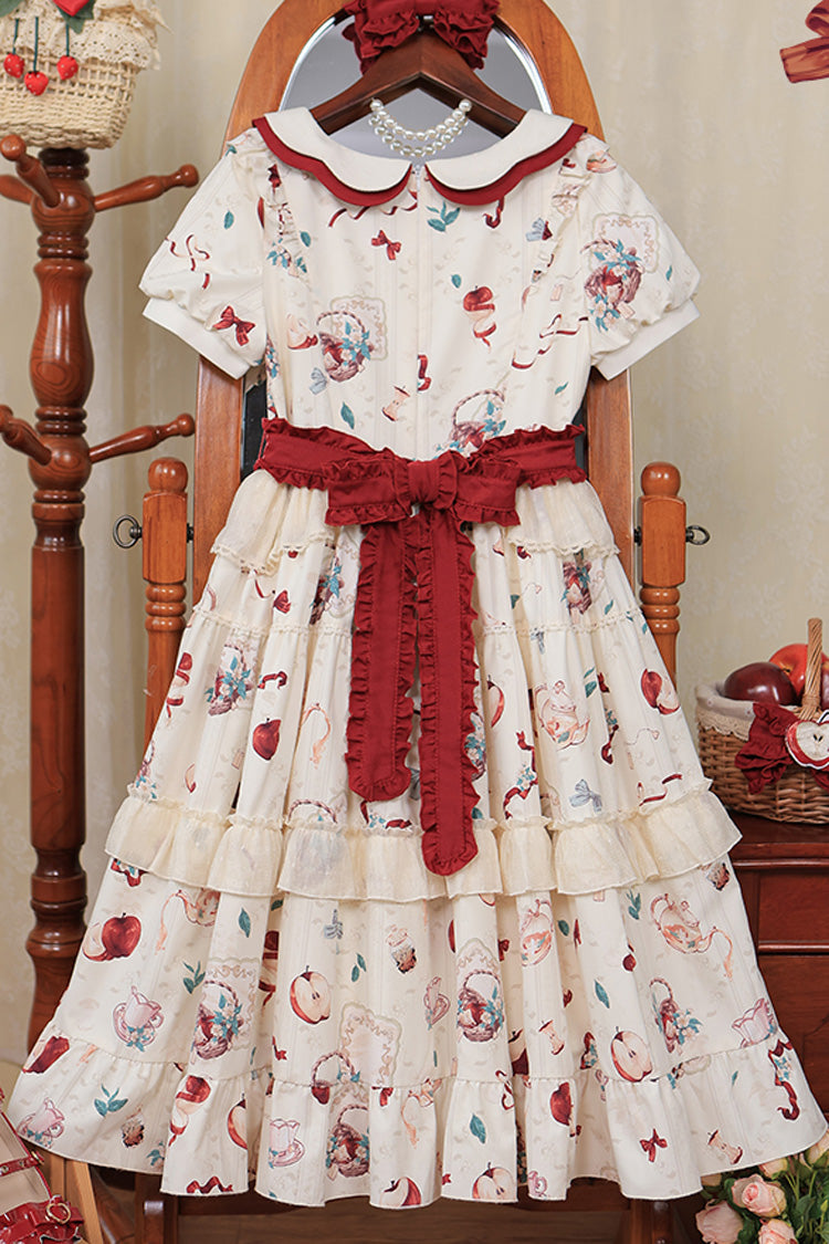 White Apple Tea Print Short Sleeves Country Style Ruffle Bowknot Sweet Lolita Dress (Plus Size Version) - Product - 15