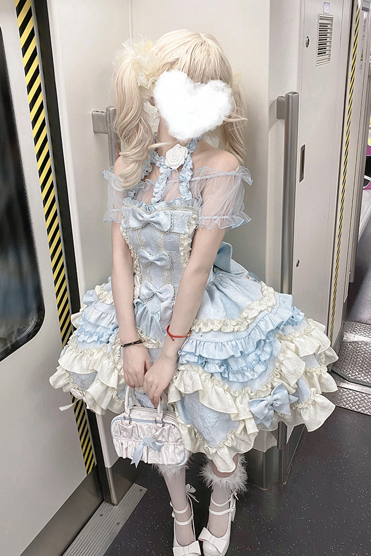 Blue [Heart of Butterfly] Halterneck Sleeveless Multi-Layered Ruffle Embroidery Princess Ballet Lolita Jsk Dress Set - Product - 9