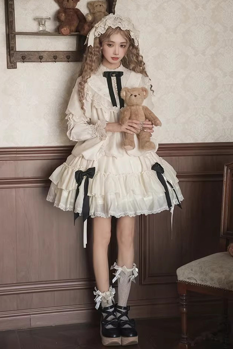 Ivory [Glass Flower Room] Short Sleeves Triple-Layered Ruffled Rose Embroidered Bow Cotilla Sweet Lolita Dress Set - Product - 4