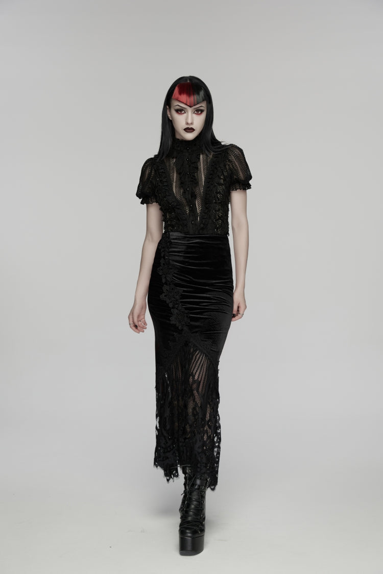 Black Embroidered Lace Slim Women's Gothic Fishtail Velvet Skirt - Black - 8