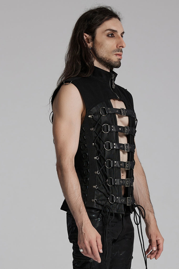 Black Cut-Out Buckled Strappy Spaghetti Men's Punk Vest - Product - 2
