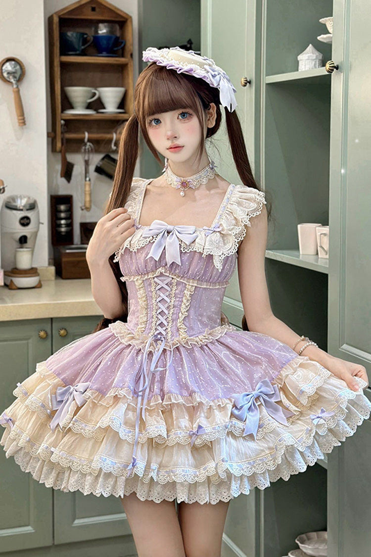 Purple [Flory Butterfly] Double-Layered Ruffle Bowknot Lace Lace-Up Sweet Ballet Lolita Jsk Dress - Purple - 1
