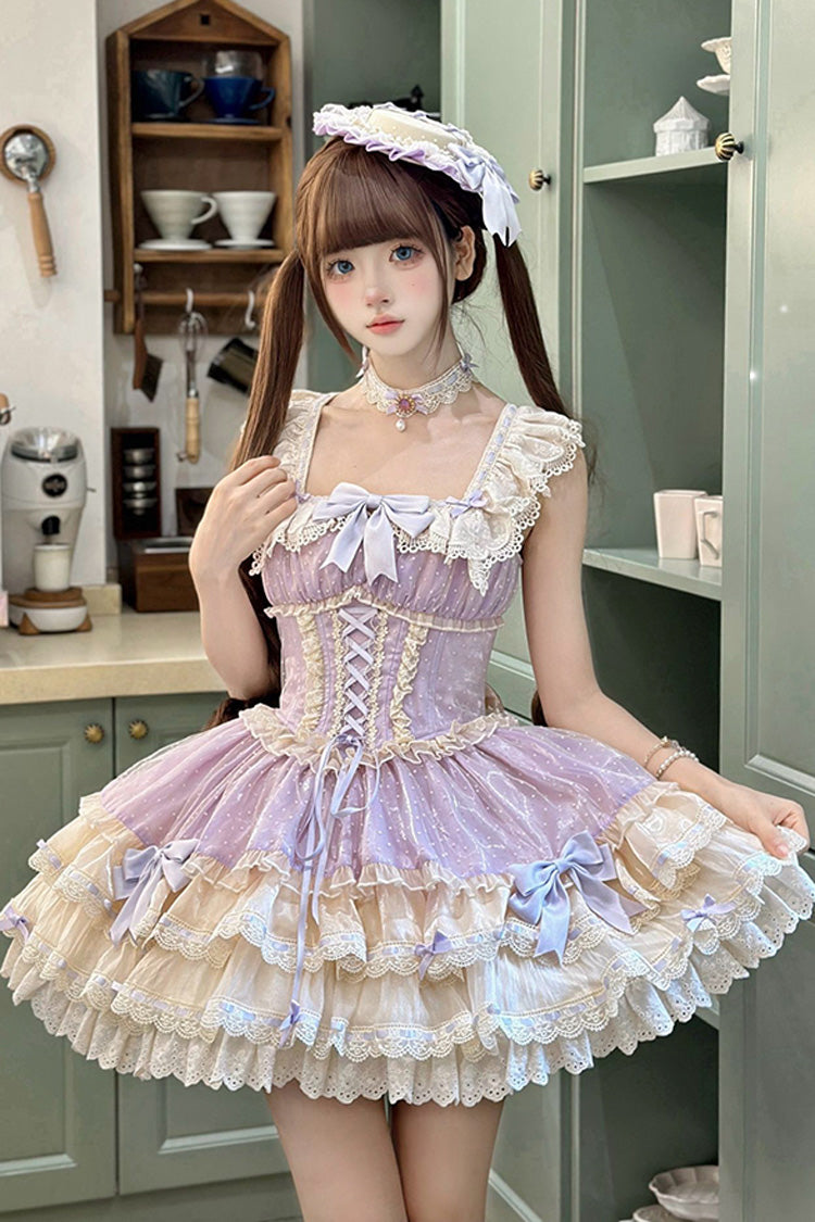 Purple [Flory Butterfly] Double-Layered Ruffle Bowknot Lace Lace-Up Sweet Ballet Lolita Jsk Dress - Purple - 1