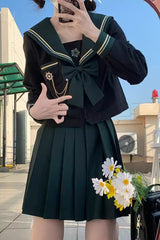 Black/Green Ruffle Bowknot Sweet Sailor College Style Japanese School Skirt Set - Black/Green - 1