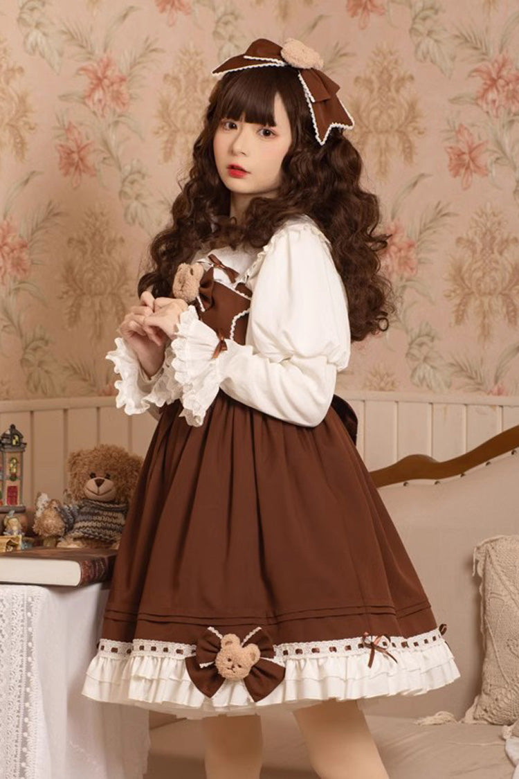 Brown [Mousse Bear] Sleeveless Ruffle Bowknot Sweet Vintage Princess Lolita Jsk Dress - Product - 4