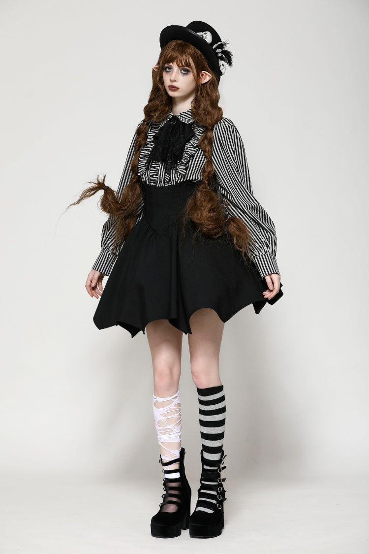 Black/White Skull Lace Jabot Striped Lapel Collar Long Sleeves Ruffled Women's Lolita Gothic Blouse - Product - 11