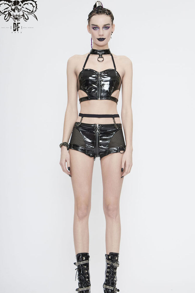 Black Round Collar Patent Leather Chest Zipper Rivet Women's Punk Corset - Product - 2