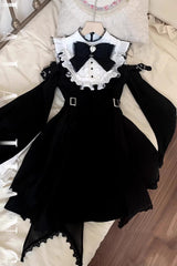 Black/White Stand Collar Off Shoulder Long Sleeves Ruffled Bow Lace Gothic Jirai Kei Japanese Lolita Dress - Product - 5