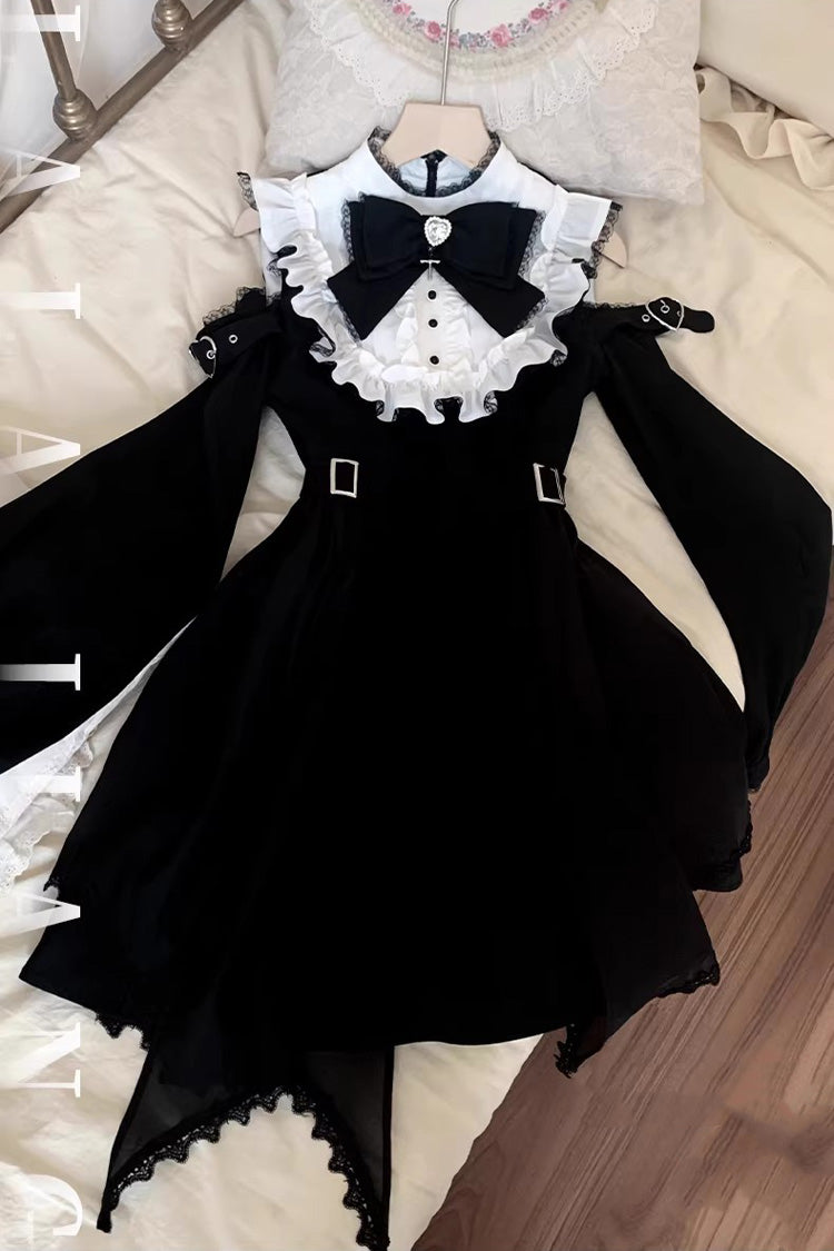 Black/White Stand Collar Off Shoulder Long Sleeves Ruffled Bow Lace Gothic Jirai Kei Japanese Lolita Dress - Product - 5