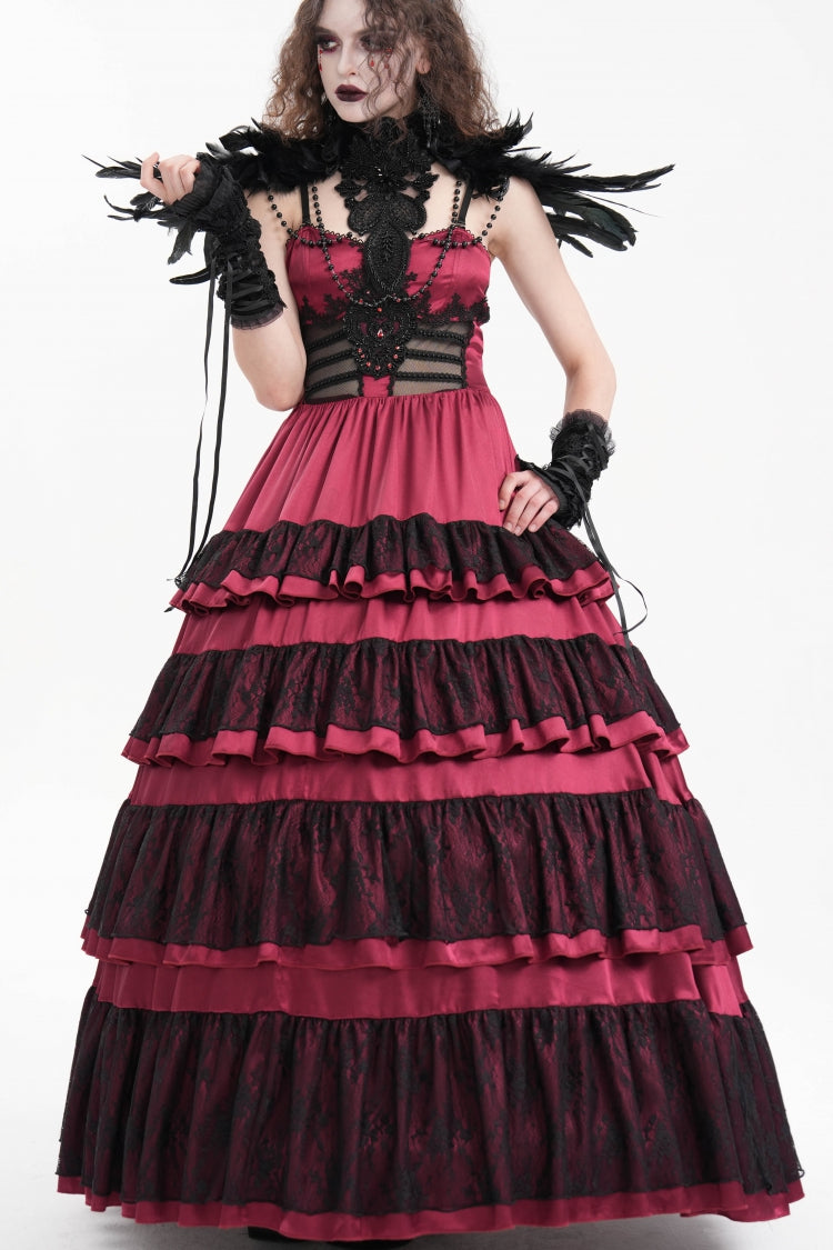 Red Multi-Layered Ruffle Lace-Up Mesh Women's Gothic Dress - Product - 5