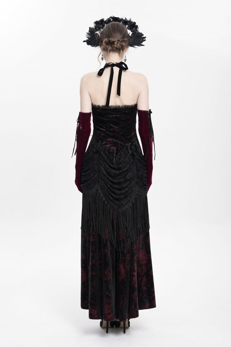 Red Sleeveless Hollow Floral Embroidery Lace-Up Pleated Women's Gothic Maxi Dress - Product - 12
