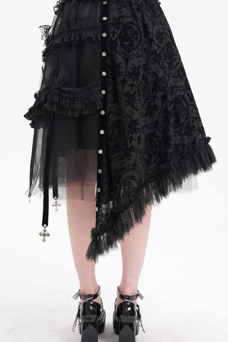Black Jacquard Cut-Out Lace Asymmetric Pleated Women's Gothic Luxurious Skirt - Product - 8