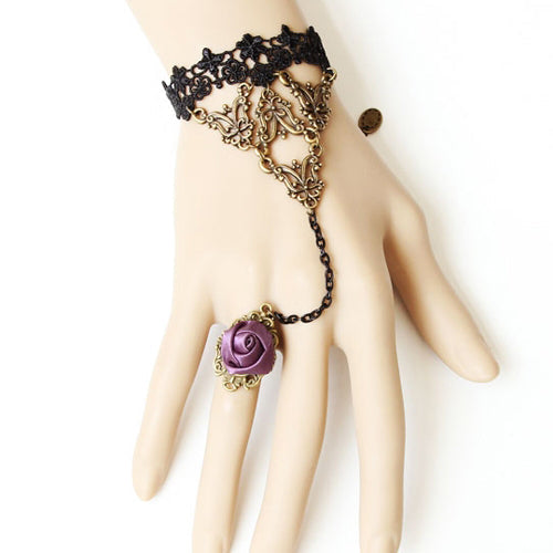 Black Retro Fashion Sweet Lace Rose Flower Female Bracelet Ring One Chain - Black - 1