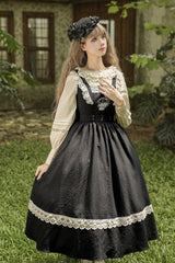 [The Oak Tree in the Wind] Square Collar Sleeveless Jacquard Embroidered Lace Classic Elegant Lolita Jsk Dress 2 Colors (Black, Green) - Product - 19