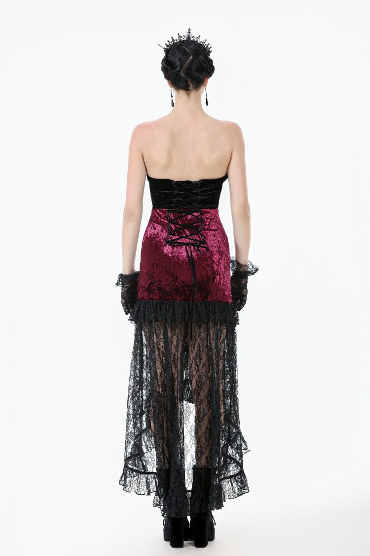Black/Red Embroidered Velvet Spliced Lace Lace-Up Women's Gothic High/Low Maxi Skirt - Product - 4