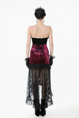 Black/Red Embroidered Velvet Spliced Lace Lace-Up Women's Gothic High/Low Maxi Skirt - Product - 4