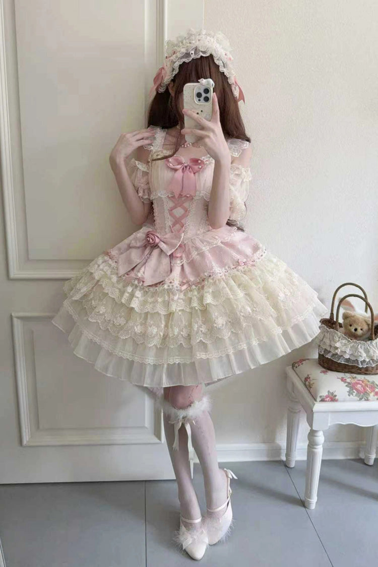 Pink [Rose Canticle] Sleeveless Multi-Layered Bowknot Lace Lace-Up Pearl Ballet Sweet Lolita Jsk Dress - Product - 2