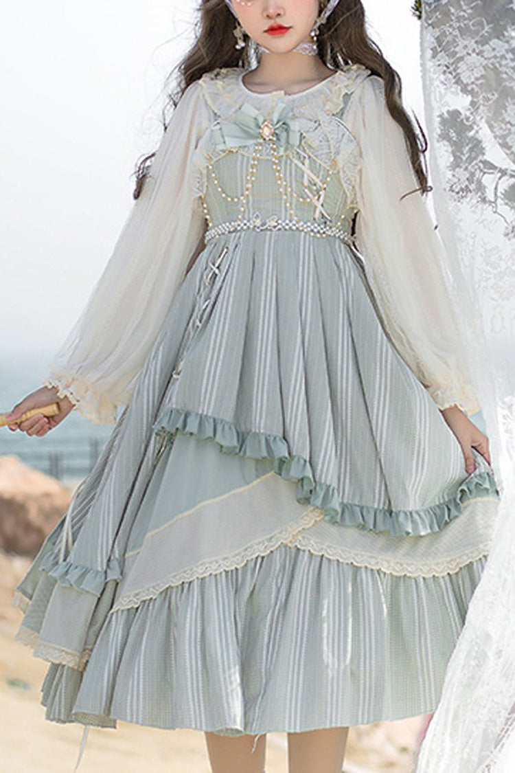Light Blue Ribbed Chiffon Juniors Sweet Lolita JSK Dress (Belt & Chain are included) - blue - 1
