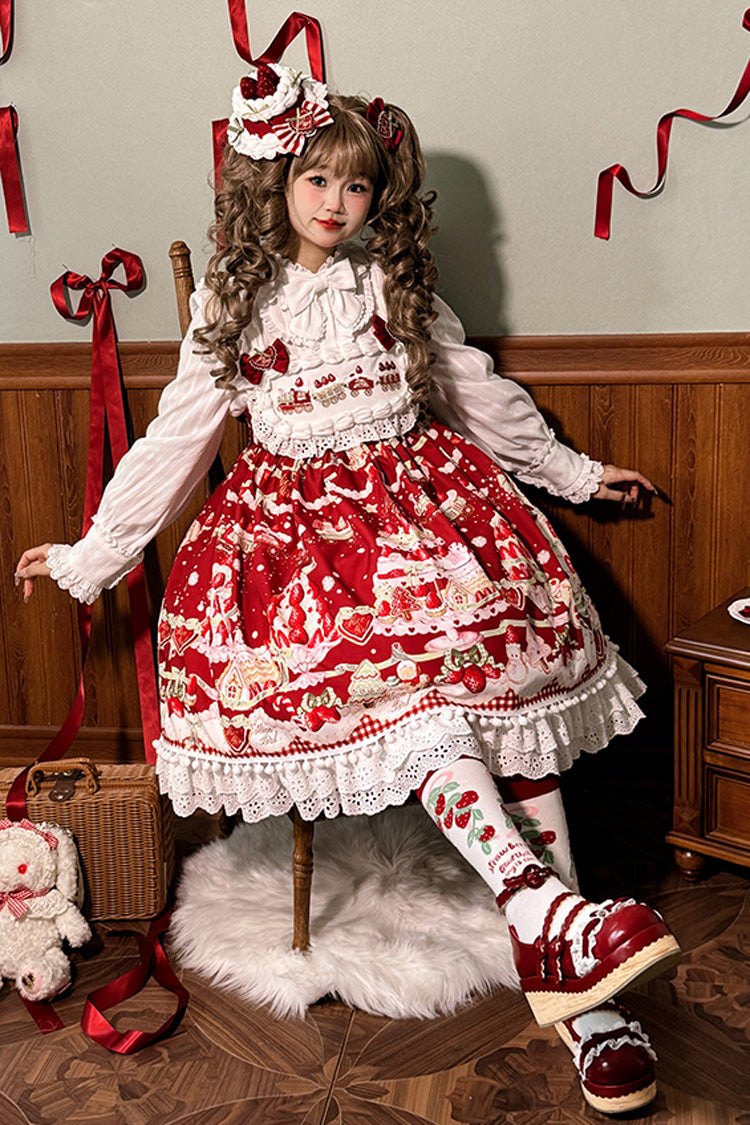 Mint Strawberry Dessert Print High Waisted Ruffle Bowknot Sweet Lolita JSK Dress 4 Colors - Product - 7