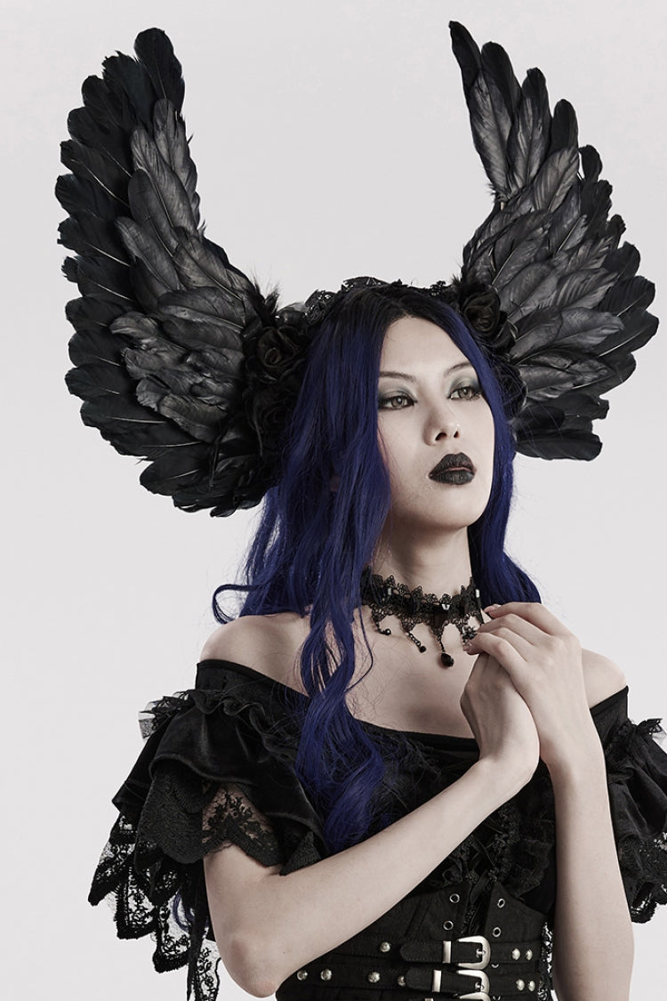 Black Lace Faux Feather Wing Women's Gothic Headwear - Black - 1