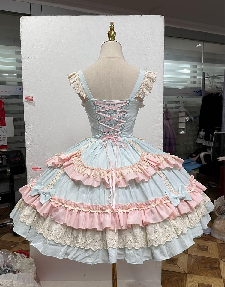 Blue Sweet Lolita JSK dress layered ruffle and lace details