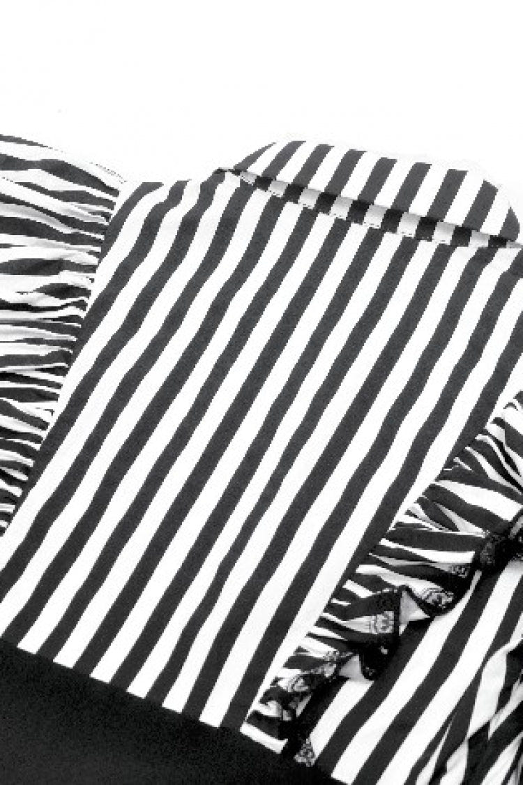 Black/White Striped Lapel Collar Long Sleeves Moon Lace Bow Ruffled Pleated Women's Gothic Dress - Product - 17