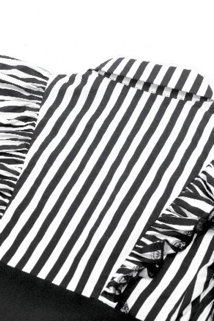 Black/White Striped Lapel Collar Long Sleeves Moon Lace Bow Ruffled Pleated Women's Gothic Dress - Product - 17