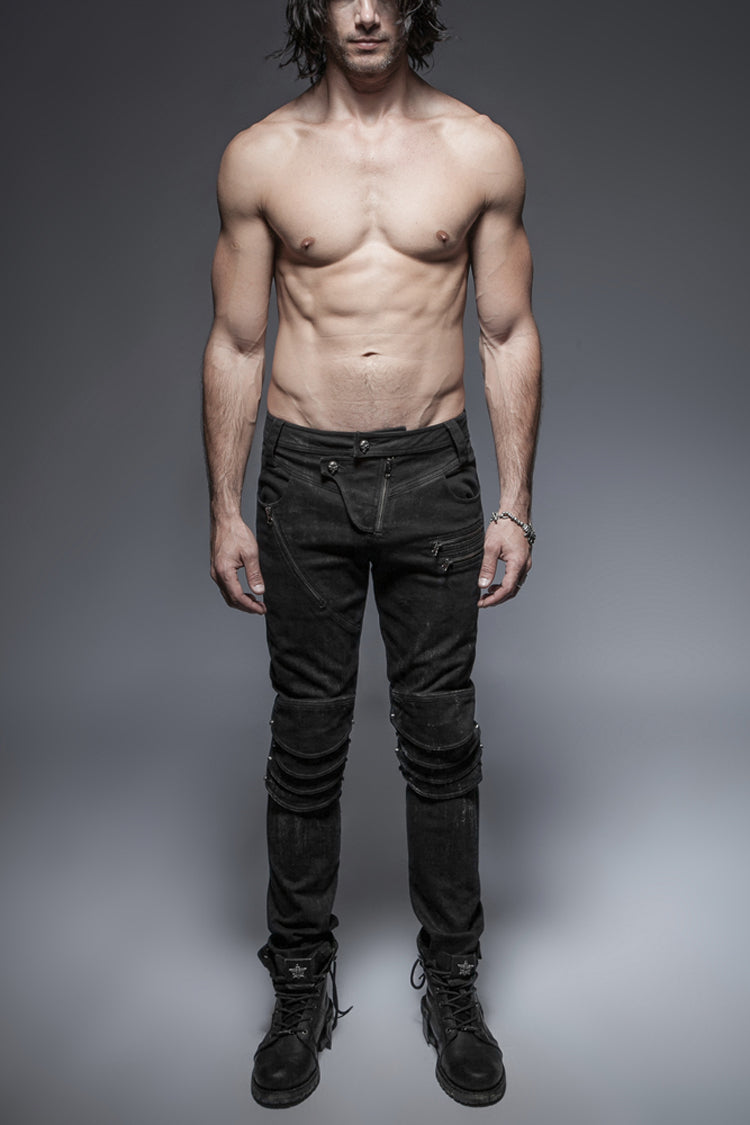 Black Military Uniform Buckle Skinny PU Leather Men's Punk Pants - Black - 1