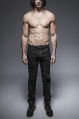 Black Military Uniform Buckle Skinny PU Leather Men's Punk Pants - Black - 1