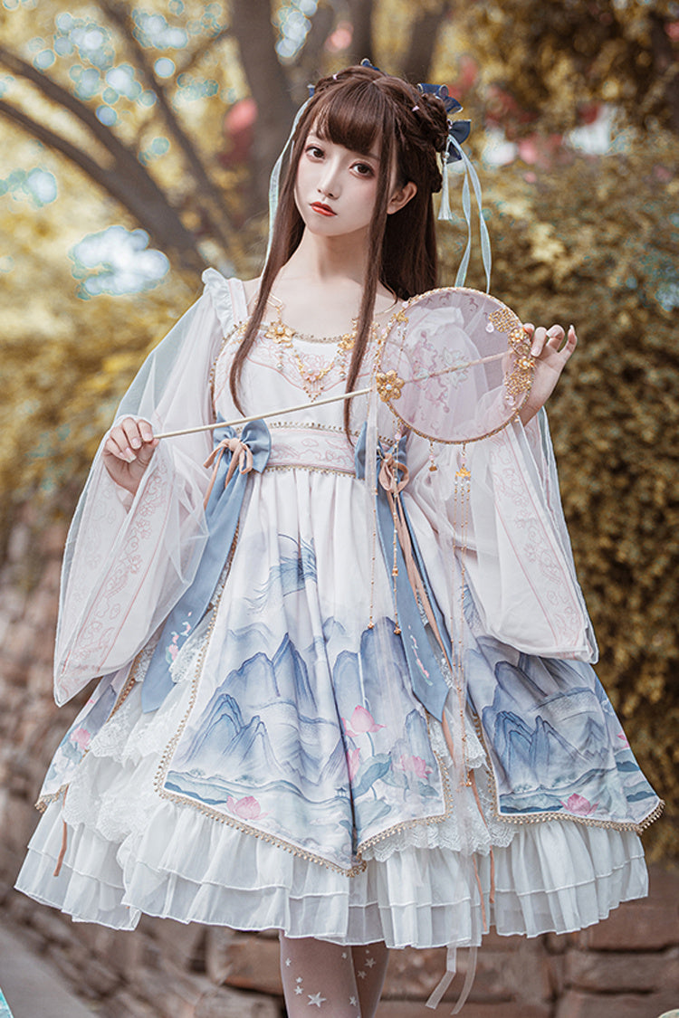 Chinese Style Long Sleeves Landscape Painting Print Bowknot Sweet Elegant Lolita Dress 2 Colors - Product - 5