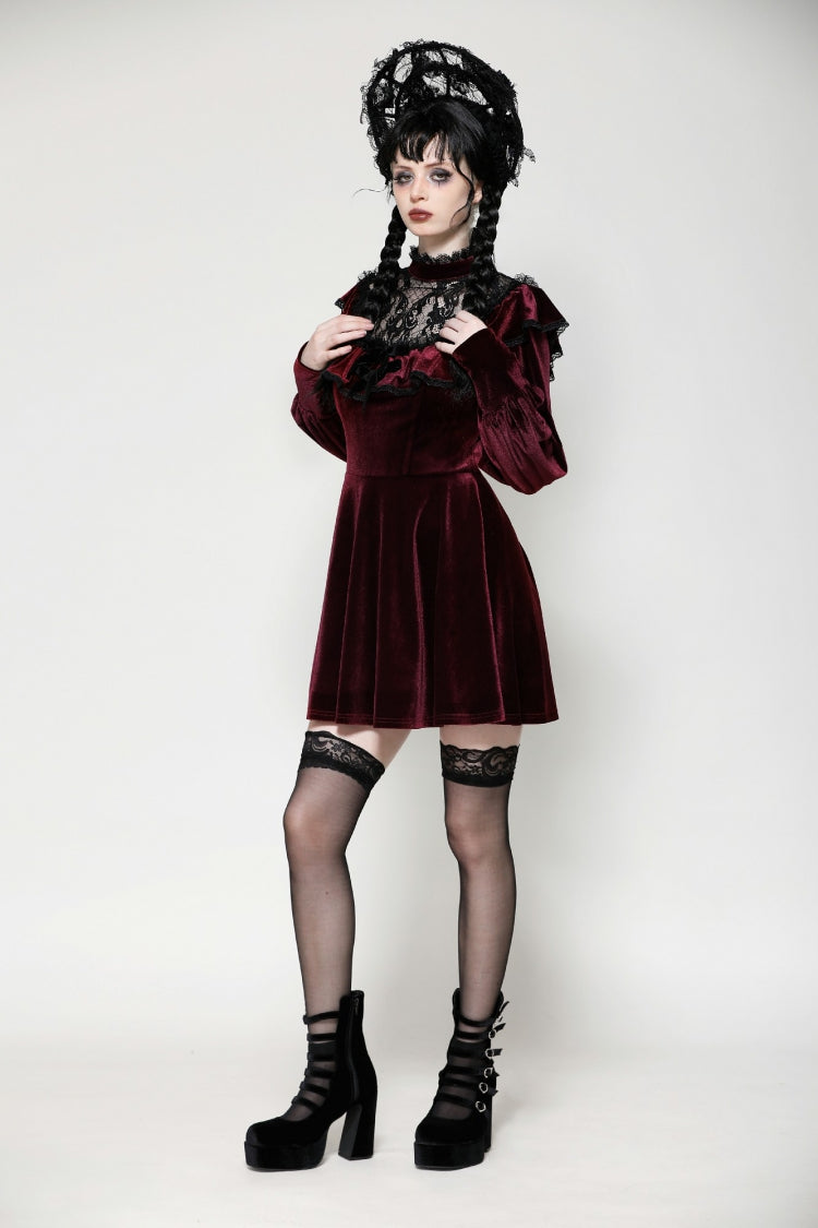 Red Long Sleeves Crochet Velvet Dress Women's Gothic Graduation Dress - Product - 11