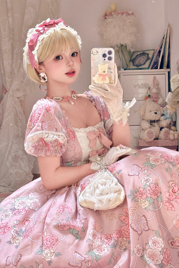 Pink Gem Rose Print Short Puff Sleeves Ruffle Bowknot Sweet Plus Size Lolita Dress - Product - 5