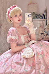 Pink Gem Rose Print Short Puff Sleeves Ruffle Bowknot Sweet Plus Size Lolita Dress - Product - 5