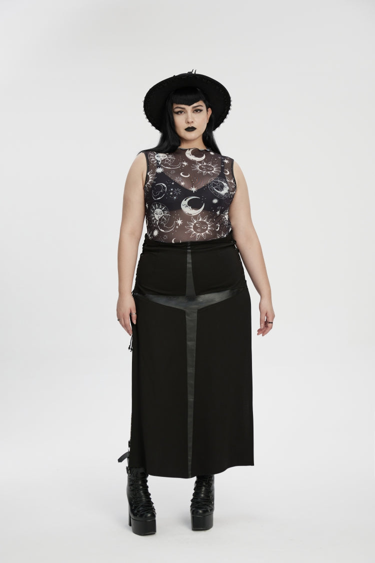 Black Sleeveless Printed Mesh Eyelet Women's Gothic Top - Product - 4