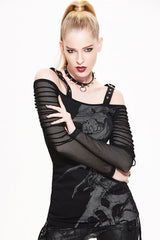 Black Skull Print Long Sleeves Drawstring Halter Cotton Women Punk T-Shirt - Product - 2