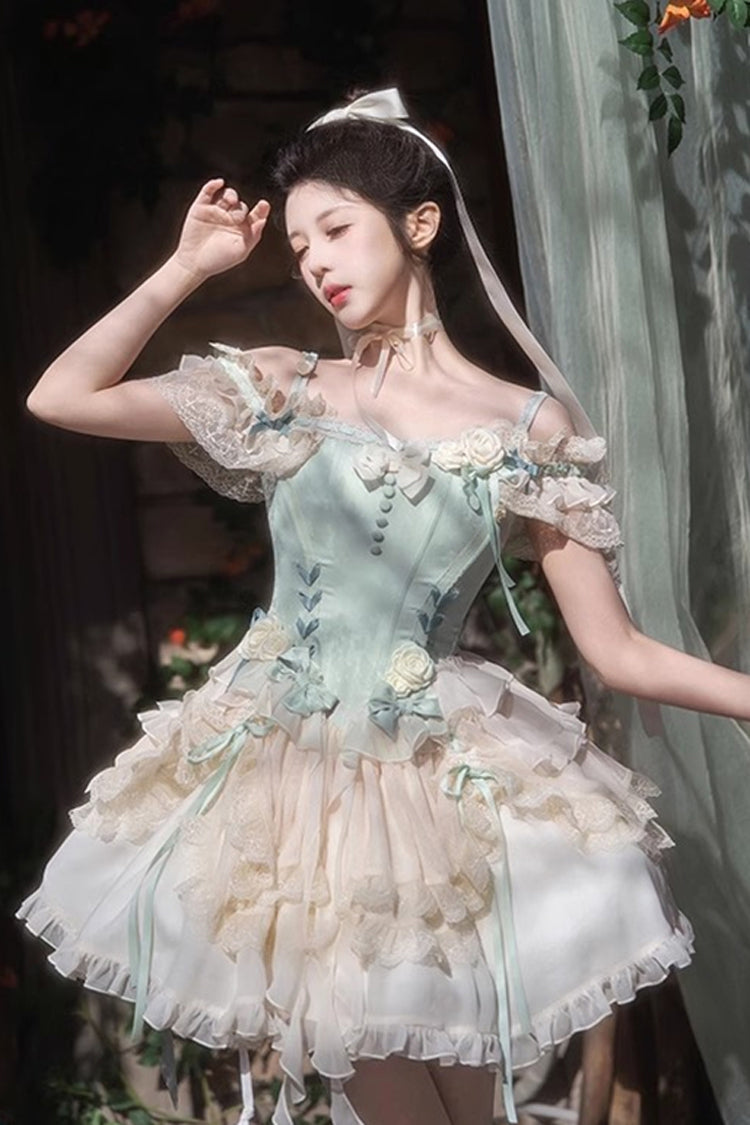Light Green Off Shoulder Ruffle Bowknot Lace Sweet Elegant Princess Ballet Lolita Tiered Dress - Green - 1
