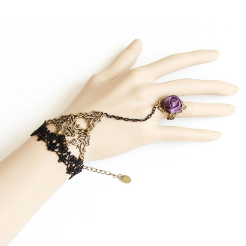Black Retro Fashion Sweet Lace Rose Flower Female Bracelet Ring One Chain - Product - 2