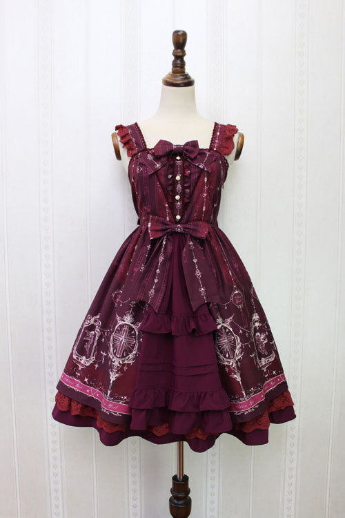 Angel Cross Print Lace Bowknot Cardigan Ruffled Sweet Lolita JSK Dress - Wine - 1
