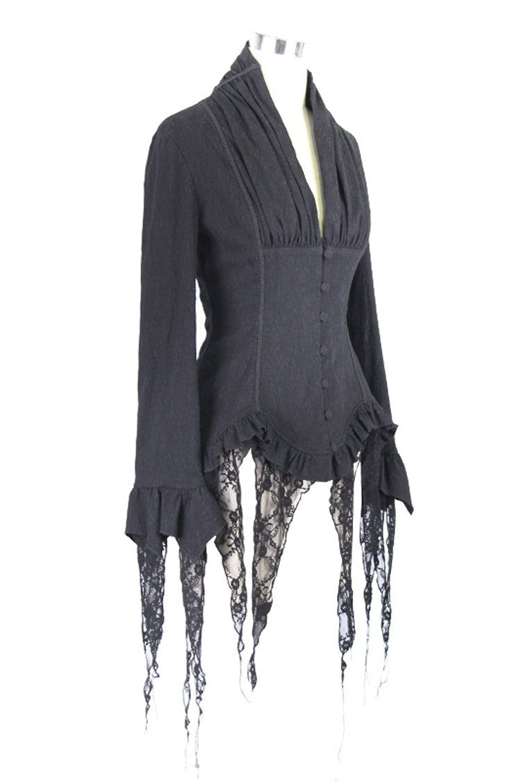 Black Retro Slim Deep V-Neck Tassel Long Sleeve Punk Blouse - Product - 7