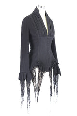 Black Retro Slim Deep V-Neck Tassel Long Sleeve Punk Blouse - Product - 7