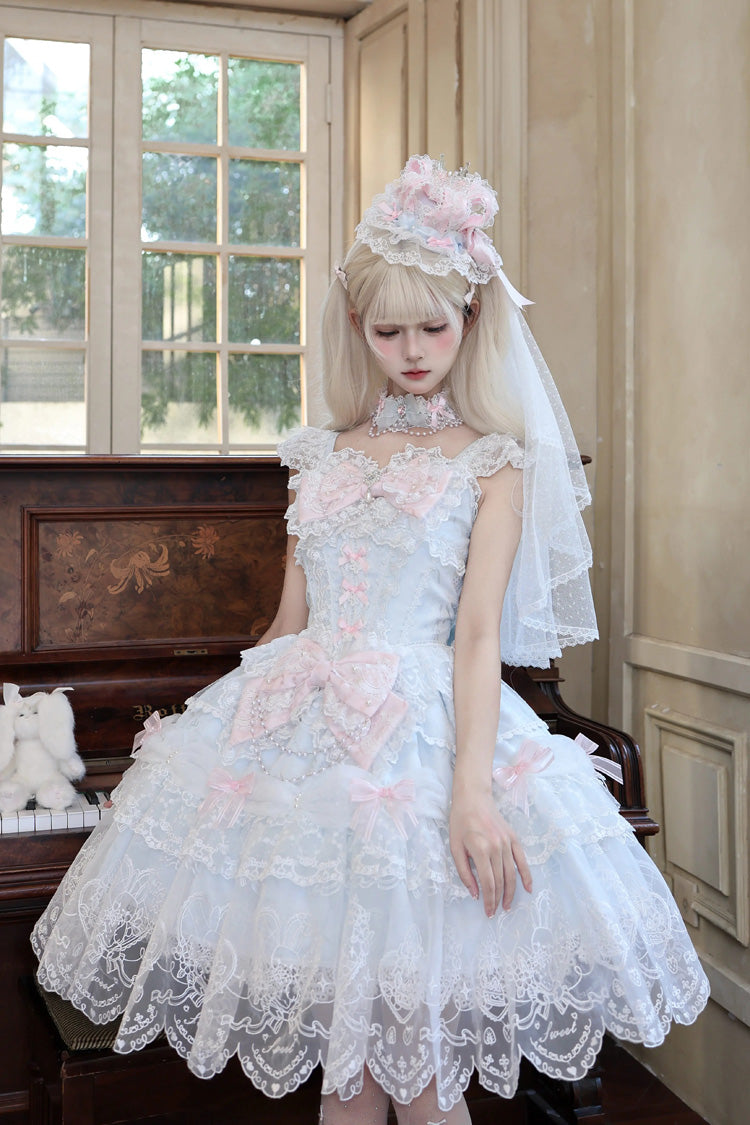Blue [Bunny Dream Letter] Square Collar Flutter Sleeves Jacquard Ruffled Bow Lace Sweet Princess Balletcore Lolita Jsk Dress - Product - 8