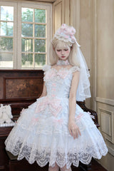 Blue [Bunny Dream Letter] Square Collar Flutter Sleeves Jacquard Ruffled Bow Lace Sweet Princess Balletcore Lolita Jsk Dress - Product - 8