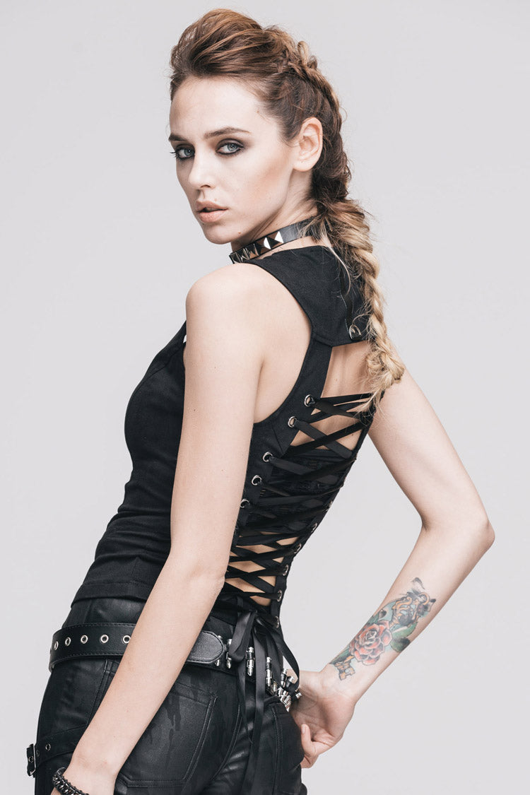 Black Front Zip Sleeveless Back Cut-Out Belted Round Collar Women's Punk Tank Top - Product - 8