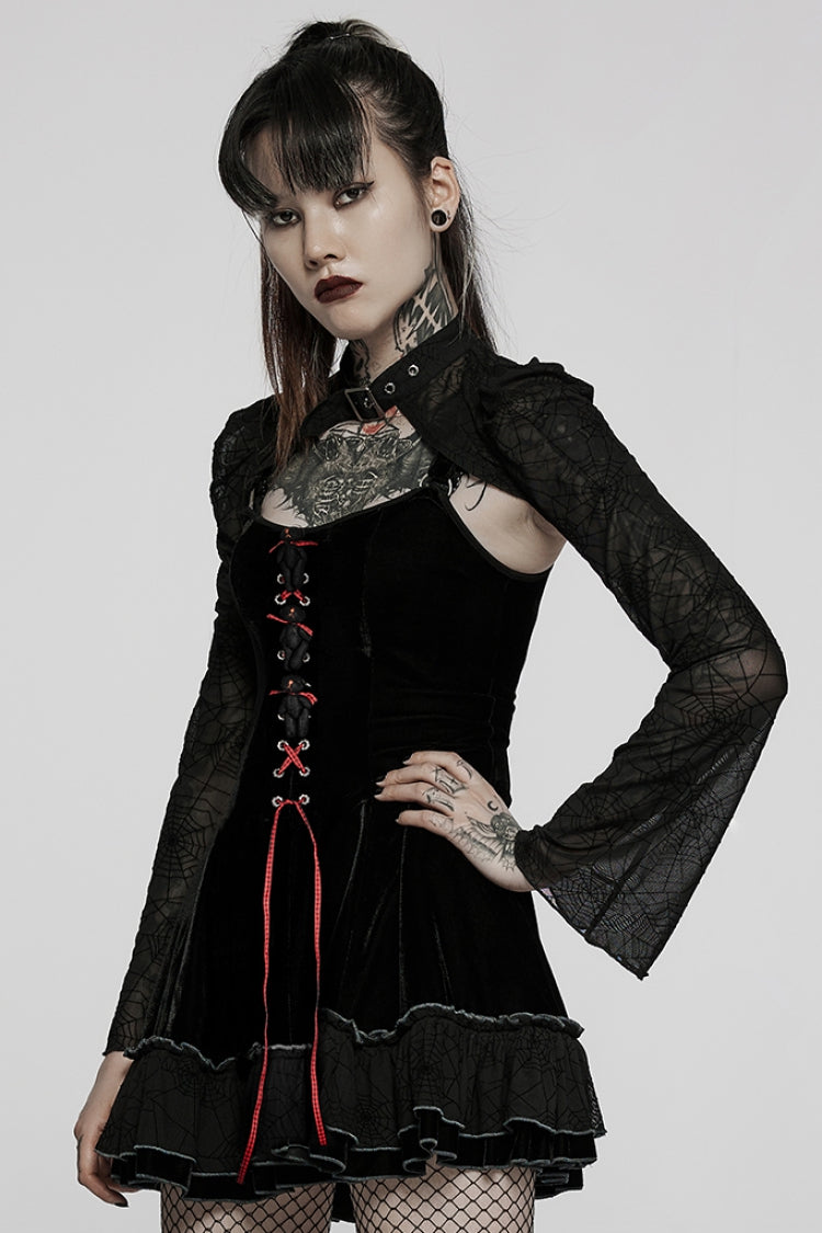 Black Long Sleeves Ruffle Stitching Lace Two Pieces Women's Gothic Dress - Product - 2
